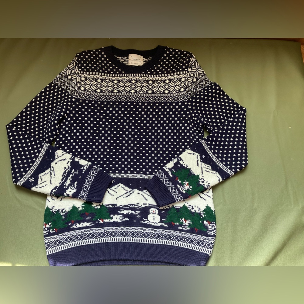 Topman Navy Fair Isle Winter Scene Knit Holiday Sweater Mens S Made in Britain